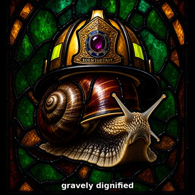 A stained-glass snail in green and amber, wearing an oversized brass firefighter's helmet that rests on his shell.
