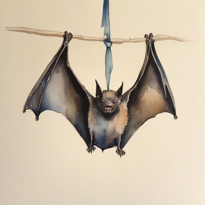 A watercolour bat on cream paper, wings spread, mouth open mid-sneeze; a blue necktie is knotted around the branch above him instead of around his neck.