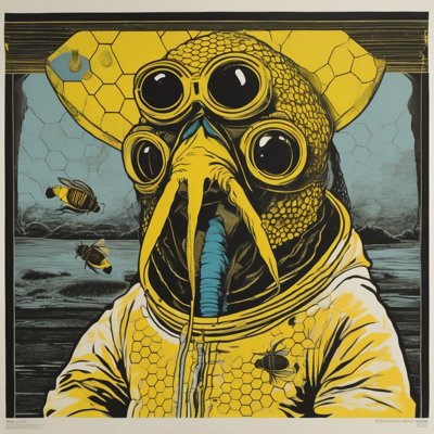A yellow, black and blue screenprint of a beekeeper-suited creature with four round goggle eyes and a long trunk, staring straight out, bees drifting past a honeycomb sky.