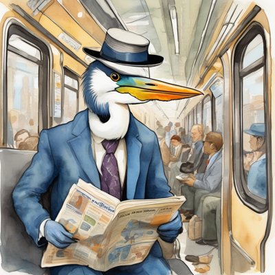 A watercolour heron in a blue suit, purple tie and grey fedora, seated on a subway train reading a newspaper, the only bird among human passengers; his beak is striped yellow, orange and teal.