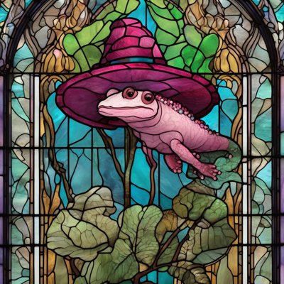 A stained-glass window of a pink axolotl resting on green leaves beneath a huge magenta cone-shaped hat.