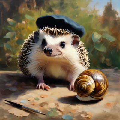 An impressionist painting of a hedgehog in a black beret looking out at the viewer, a paintbrush dropped on the ground, beside a glossy striped snail.