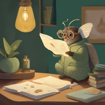 A gouache illustration of a plump moth in round brass glasses and green polka-dot pajamas, delighted, reading a letter under a glowing hanging bulb.
