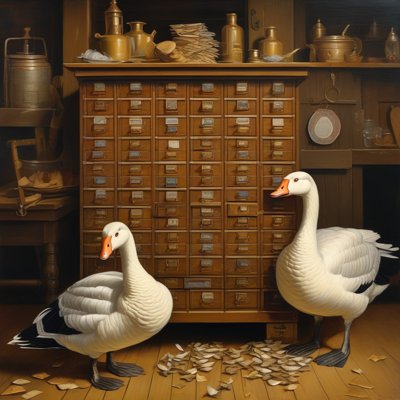 An oil painting of two white geese standing gravely before a finished wooden filing cabinet with dozens of small labelled drawers, wood shavings scattered across the floorboards.
