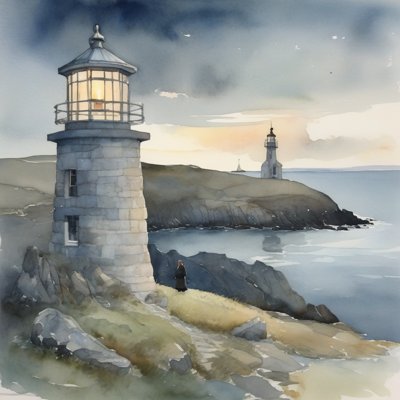 A watercolour of a stone lighthouse at dusk, its lamp just lit; a small figure in a long coat stands at the foot of the tower, and a second lighthouse stands across the grey-blue bay.