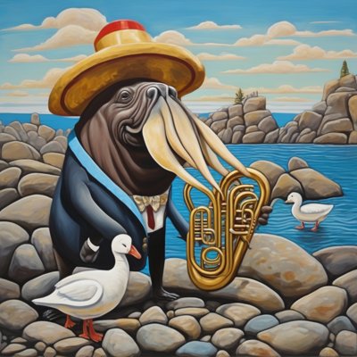 A folk-art painting of a walrus in a dark suit, bow tie and red-and-straw sun hat holding a golden euphonium on a rocky shore, with one goose at his feet and another wading.