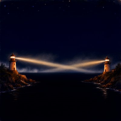 A night painting of two small lighthouses on rocky shores facing each other across a dark bay; their amber beams cross in a single X over the black water, under a sky of faint stars.