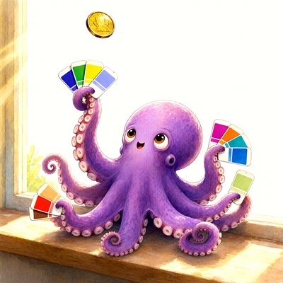 A storybook watercolour: a round purple octopus on a sunny wooden windowsill, holding fans of paint-chip swatches in every arm, blues and greens up high and oranges and reds down low, looking up with her mouth open at a gold coin hanging in the air above her that no arm is touching.