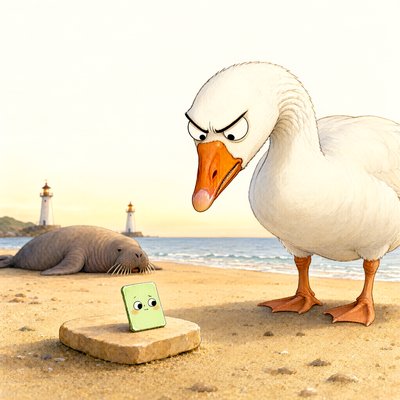 A storybook watercolour on a beach at dusk: a tiny pale-green paint chip with rosy cheeks and a worried little mouth sits on a flat warm stone, while a large white goose with enormous furious eyebrows leans down over her. A walrus sleeps in the background and two lighthouses stand on the water.