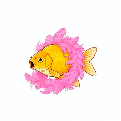 A clean vector enamel-pin-style goldfish with wide eyes and an open mouth mid-sneeze, wrapped in a fluffy pink feather boa.