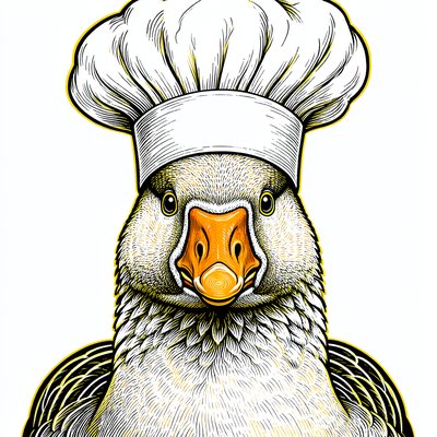 A black-and-white linocut-style portrait of a white goose facing straight at the viewer, orange beak, wearing an enormous puffy chef's toque.