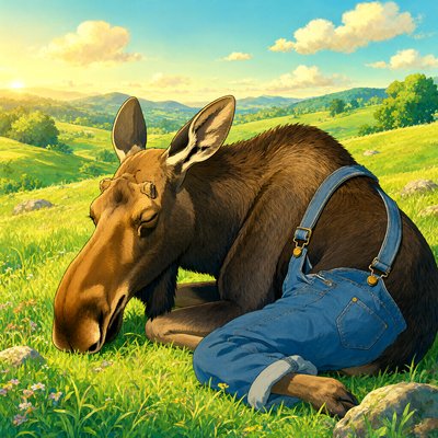 A Ghibli-style painting of a brown moose asleep in a bright green meadow under a blue sky with soft clouds, wearing blue denim overalls with one strap undone.