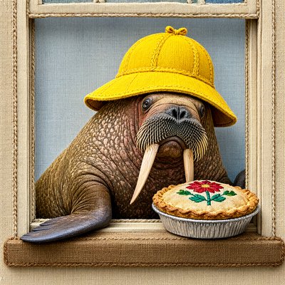 An embroidered, stitched-textile picture of a walrus in a mustard-yellow rain hat leaning through a window frame beside a pie on the sill; the pie crust has an embroidered red flower.