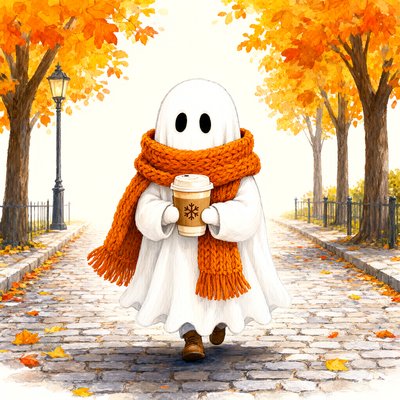 A small white sheet-ghost in a huge chunky orange knitted scarf carries a latte in both mittened hands down a cobblestone street lined with orange autumn trees; little brown boots show under the sheet.