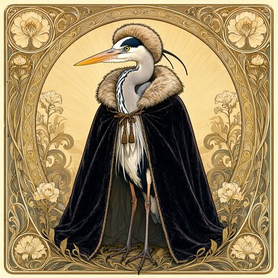 An art nouveau poster with a gold floral border: a grey heron stands in a black velvet cloak with a fur collar and a matching fur hat.