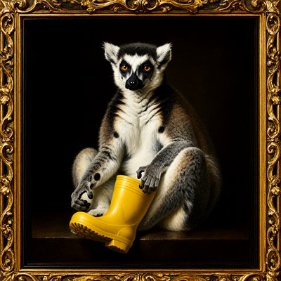 A dark Dutch-style oil portrait in an ornate gilded frame: a ring-tailed lemur sits calmly, holding a single bright yellow rubber boot in front of him rather than wearing it.