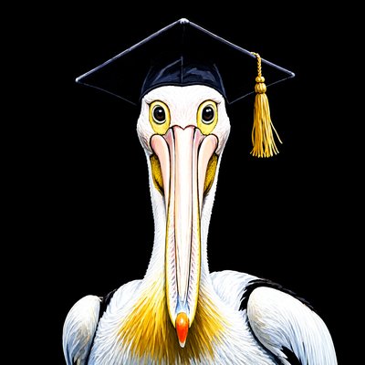Bright gouache on black: a white pelican in a black graduation cap with a gold tassel stares straight at the viewer down the length of its beak.