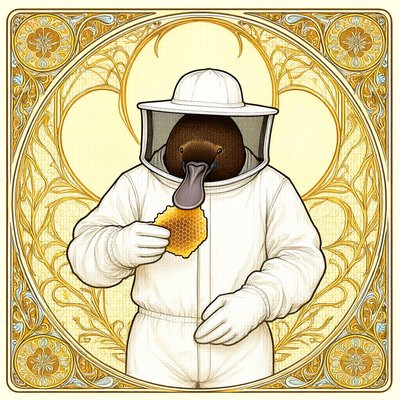 An art nouveau poster in gold: a platypus in a full white beekeeper suit holds a piece of honeycomb; the bill sticks straight out through the veil.