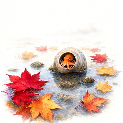 A misty watercolour tidepool with red and gold maple leaves floating on still water; a small orange octopus peeks out of a large pale spiral shell in the middle.