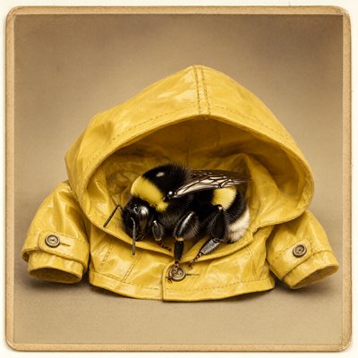 A sepia cabinet card of a fuzzy bumblebee asleep, curled inside the hood of a shiny yellow raincoat many sizes too big.