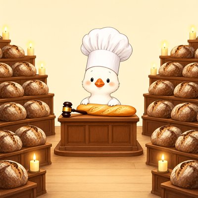 A storybook courtroom lit by candles: a white goose in a tall chef's toque sits behind a wooden bench with a gavel and a baguette, and every seat in the gallery on both sides holds a sourdough loaf.