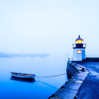 A misty harbour at blue hour: a small white lighthouse with a glowing lamp on a stone pier, and a rowing boat tied up on perfectly still water.