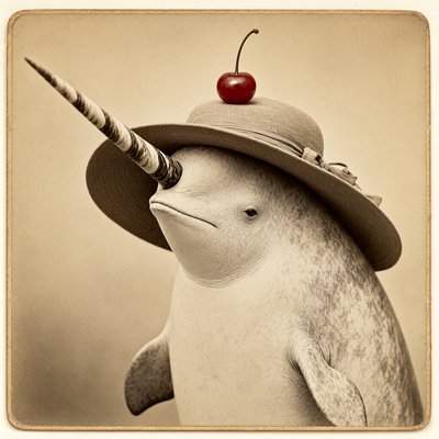 A sepia Victorian cabinet card of a narwhal in a wide-brimmed straw hat with a single bright red cherry on top, the only colour in the picture.