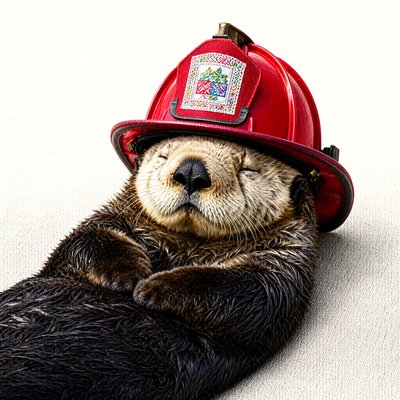 A sea otter asleep on her back, paws folded, eyes closed, wearing a red firefighter's helmet with an embroidered badge.