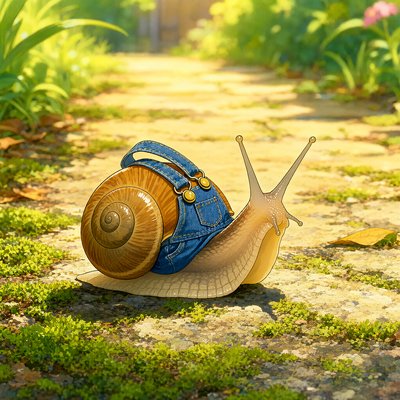 A Ghibli-style mossy garden path in warm light; a snail wears tiny denim overalls with brass buttons over its shell, both eyestalks up.