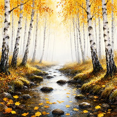 A gouache painting of a shallow stream running between white birch trunks in autumn, yellow leaves floating on the water and mist glowing at the far end of the path.