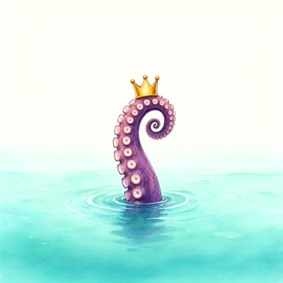 A watercolour of one purple octopus tentacle curling up out of still teal water, a small gold crown perched on its tip, ripples around its base, pale sky behind.