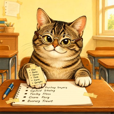 A storybook tabby cat in round gold glasses sits at a school desk looking very pleased, a paper list of words taped to one paw and a second list taped flat on the desk in front of them.