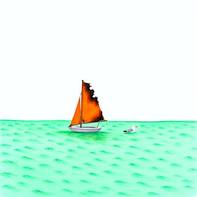 A small white sailboat on a bright sea-glass green sea under a pale sky; its orange sail is scorched black along one edge, as if actually burnt, and a gull floats calmly nearby.