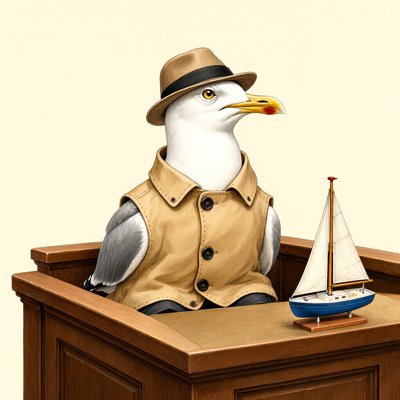 A storybook seagull in a tan fedora and a sleeveless tan vest sits in a wooden witness box, gazing off to one side, beside a model sailboat with a perfectly white sail.