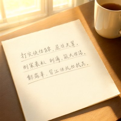 A sheet of paper on a wooden desk in warm early light, covered in neat pencilled lines of characters that look like writing but are not real words, a mug of tea beside it.