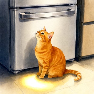 An orange tabby sits in front of a closed steel refrigerator, gazing up at the handle, with a warm pool of light on the floor beside it.