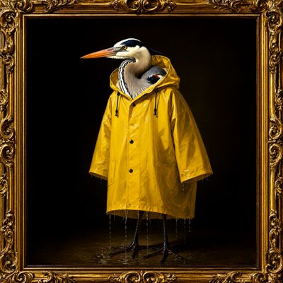 A grey heron in an enormous yellow raincoat that reaches its ankles, dripping onto a dark floor, painted against black inside an ornate gilded frame.