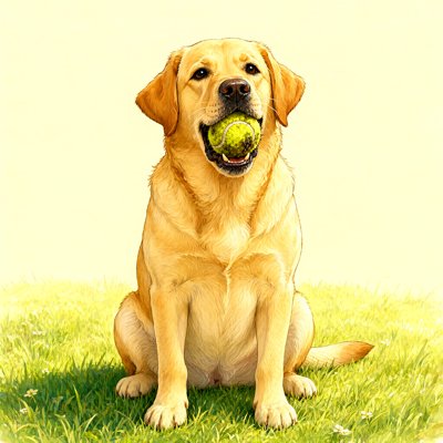 A golden Labrador sits upright on a sunny lawn, a fuzzy green tennis ball held carefully in its mouth, looking straight ahead with complete seriousness.