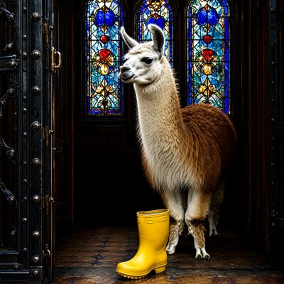 A white-and-brown llama stands in a dark hall under tall stained-glass windows, looking toward a heavy studded door; a single yellow rubber boot stands empty on the floor in front of it.