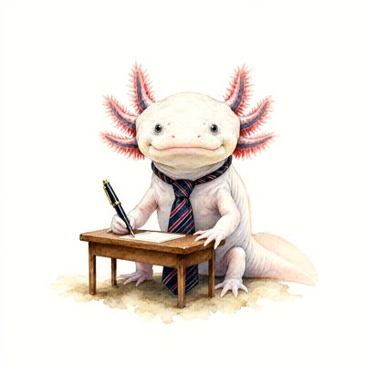 A pale pink axolotl in a striped necktie sits at a tiny wooden desk, fountain pen in hand, looking straight out at the viewer.