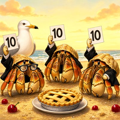 Three hermit crabs in black judge's robes, one in glasses, hold up scorecards reading 10 over a lattice pie on the sand; a seagull behind them holds up a 10 as well.