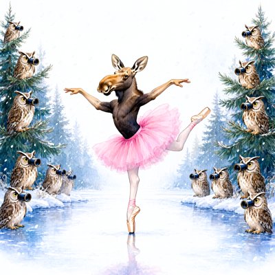 A moose with a human dancer's arms and legs, in a pink tutu and pointe shoes, balances on one toe on a frozen pond while owls holding binoculars watch from the snowy pines.