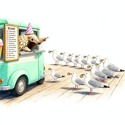 A pangolin in a pink striped party hat leans out of a mint-green ice cream truck, pointing; a menu headed &lsquo;Krawe&rsquo; hangs by the window, and a long line of seagulls waits on the boardwalk, each with a coin in its beak.