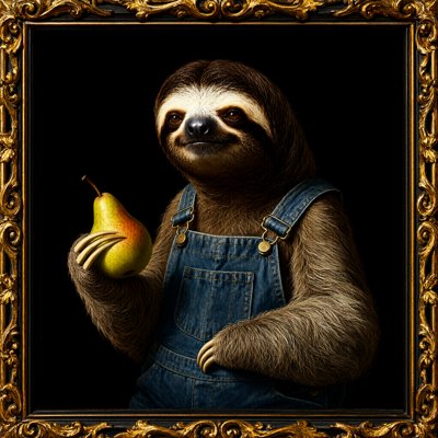 A sloth in denim overalls, both straps fastened, holds up a single pear against a black background inside an ornate gilded frame.