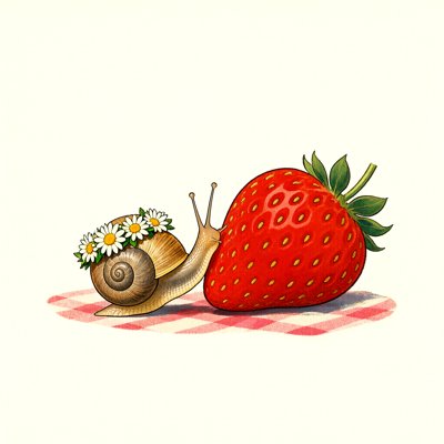 A snail wearing a crown of daisies rests against a strawberry larger than itself, on a red-and-white gingham picnic cloth.