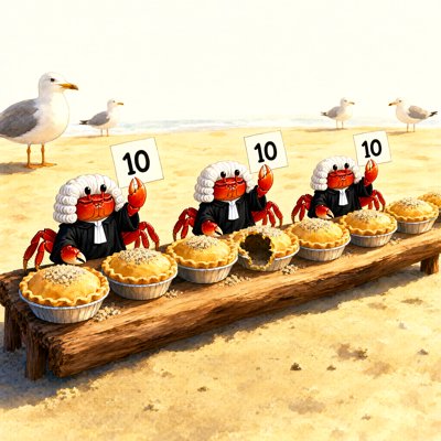 Three red crabs in white powdered wigs and black robes sit behind a driftwood bench on a beach, each holding up a card reading 10, over a row of sandy pies, one with a bite missing; four seagulls stand watching.