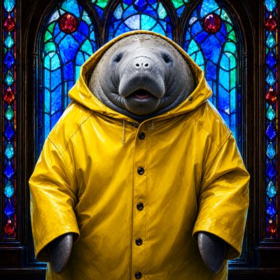 A grey manatee in a yellow hooded raincoat far too big for her stands upright, mouth slightly open, in front of a blue and red stained-glass window.