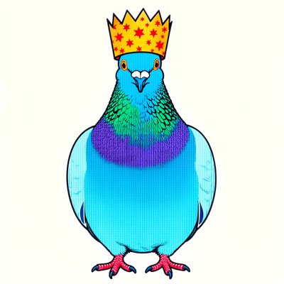 A round sky-blue pigeon with a green and purple neck faces forward, wearing a yellow paper crown dotted with red stars, on a plain cream background.