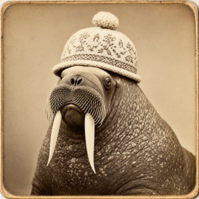 A sepia portrait of a walrus with long tusks wearing a patterned knitted cosy with a bobble on top, in a worn rounded card frame.