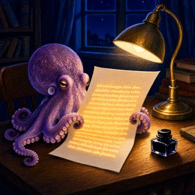 A purple octopus at a wooden desk at night holds up a letter under a brass lamp; every line of writing on the page glows amber, beside an ink bottle and a dark blue window.